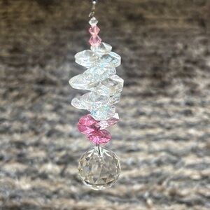 Large Crystal Suncatcher Pendant with Pink Accent, Silver Hardware